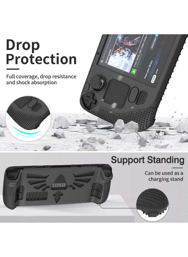 SUIHUOJI Steam Deck/Steam Deck OLED Standing Protective Case, Thickening Silicone Accessories Protector, Soft Cover Skin Shell with 2 Pairs Thumb Grips, Full Protection for Valve Stream Deck (Black) - Image 3